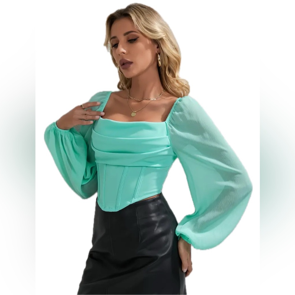 Elegant Mint + Aqua Long Sleeve Draped Corset Crop Top (Spring Easter Party)